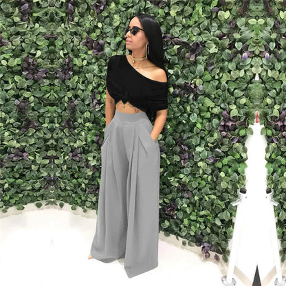 Women Casual Loose Palazzo Pants Autumn High Waisted Wide Leg Trousers Pleated Long Culottes Pants Elastic Waist Trouser Pockets