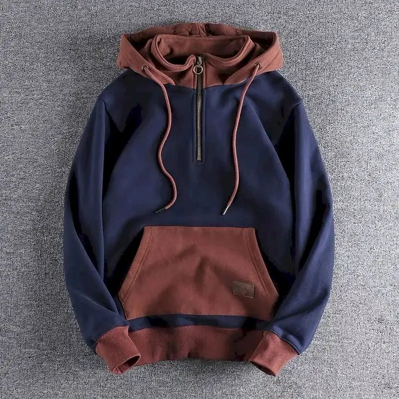 Fonekie Casual Handsome Hoodies Men 2025 Autumn Winter Retro Trend Color Contrast Hooded Jacket Youth Stand-up Collar Mens Coat