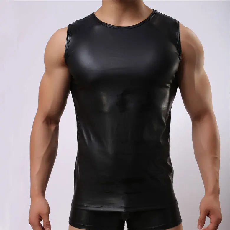 Men Tank Tops Faux Leather Black Sleeveless Vest Sexy Men&