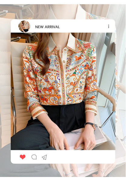 Fashion elegant  Women Blouses flower printed ladies shirts New Spring Long Sleeve Tops Blusas Mujer