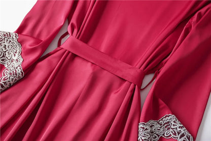 Casual Women Sleepwear Satin Pajamas 4PCS PJS Set Sexy Nightwear Kimono Bathrobe Gown Lace Intimate Lingerie Soft Homewear