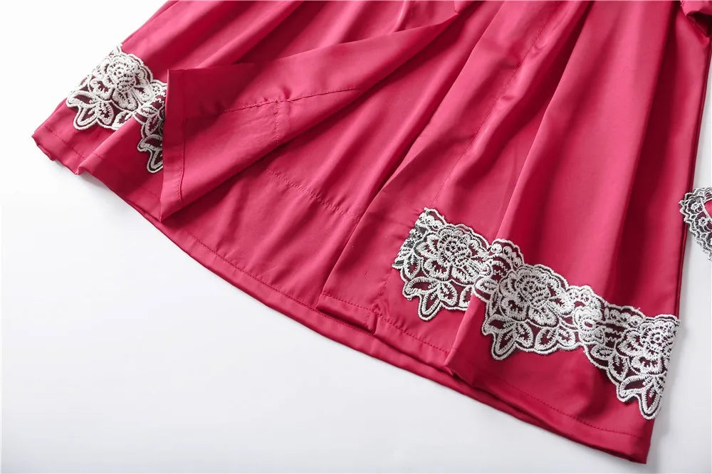 Casual Women Sleepwear Satin Pajamas 4PCS PJS Set Sexy Nightwear Kimono Bathrobe Gown Lace Intimate Lingerie Soft Homewear