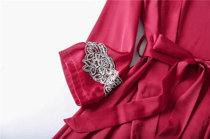 Casual Women Sleepwear Satin Pajamas 4PCS PJS Set Sexy Nightwear Kimono Bathrobe Gown Lace Intimate Lingerie Soft Homewear