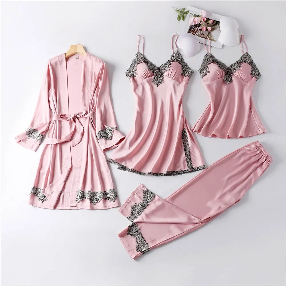Casual Women Sleepwear Satin Pajamas 4PCS PJS Set Sexy Nightwear Kimono Bathrobe Gown Lace Intimate Lingerie Soft Homewear