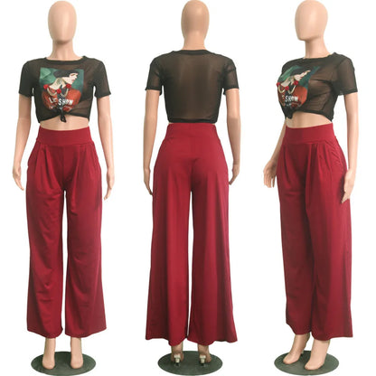 Women Casual Loose Palazzo Pants Autumn High Waisted Wide Leg Trousers Pleated Long Culottes Pants Elastic Waist Trouser Pockets