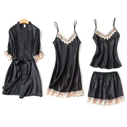 Casual Women Sleepwear Satin Pajamas 4PCS PJS Set Sexy Nightwear Kimono Bathrobe Gown Lace Intimate Lingerie Soft Homewear