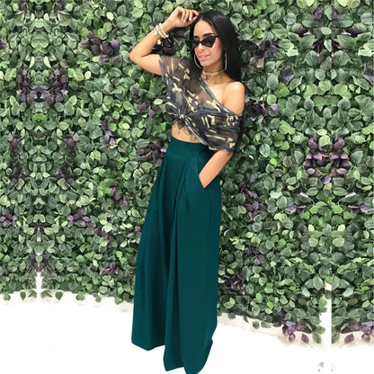 Women Casual Loose Palazzo Pants Autumn High Waisted Wide Leg Trousers Pleated Long Culottes Pants Elastic Waist Trouser Pockets