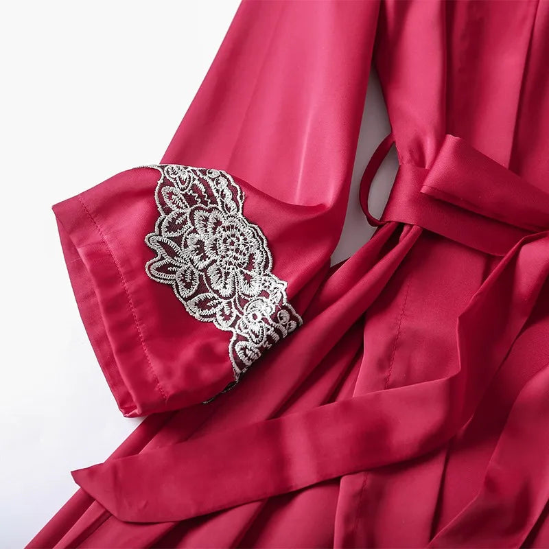 Casual Women Sleepwear Satin Pajamas 4PCS PJS Set Sexy Nightwear Kimono Bathrobe Gown Lace Intimate Lingerie Soft Homewear