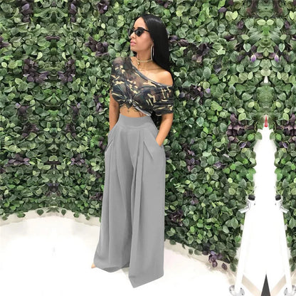 Women Casual Loose Palazzo Pants Autumn High Waisted Wide Leg Trousers Pleated Long Culottes Pants Elastic Waist Trouser Pockets