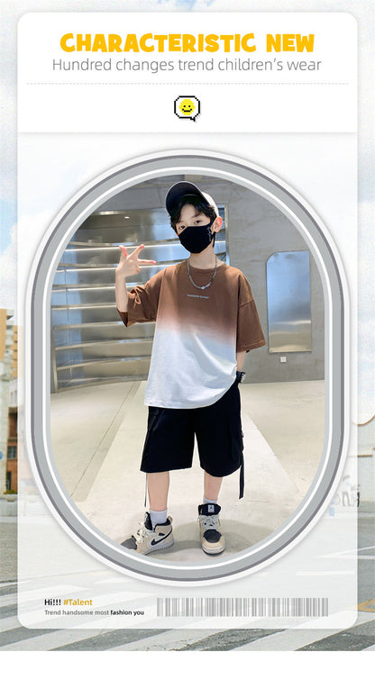 Kids Clothes T Shirt Summer Boys Girls Color Block Gradient Short Sleeve T Shirt Tops Children&