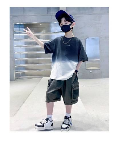 Kids Clothes T Shirt Summer Boys Girls Color Block Gradient Short Sleeve T Shirt Tops Children&