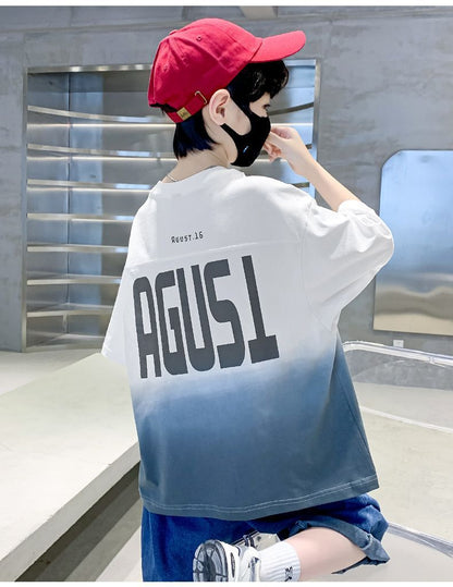Kids Clothes T Shirt Summer Boys Girls Color Block Gradient Short Sleeve T Shirt Tops Children&