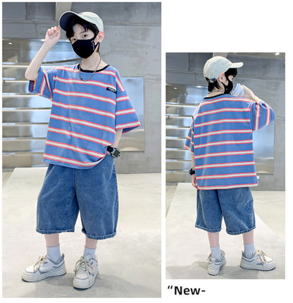 Kids Clothes T Shirt Summer Boys Girls Color Block Gradient Short Sleeve T Shirt Tops Children&