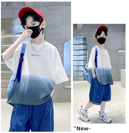 Kids Clothes T Shirt Summer Boys Girls Color Block Gradient Short Sleeve T Shirt Tops Children&
