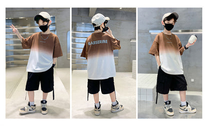 Kids Clothes T Shirt Summer Boys Girls Color Block Gradient Short Sleeve T Shirt Tops Children&