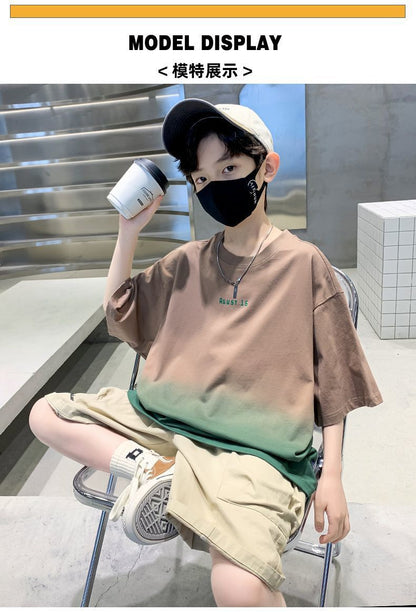 Kids Clothes T Shirt Summer Boys Girls Color Block Gradient Short Sleeve T Shirt Tops Children&