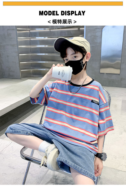 Kids Clothes T Shirt Summer Boys Girls Color Block Gradient Short Sleeve T Shirt Tops Children&