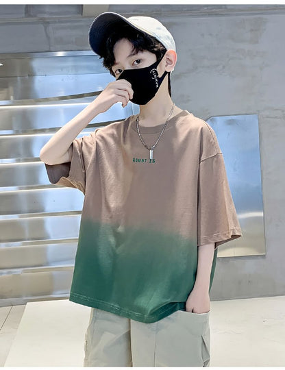 Kids Clothes T Shirt Summer Boys Girls Color Block Gradient Short Sleeve T Shirt Tops Children&