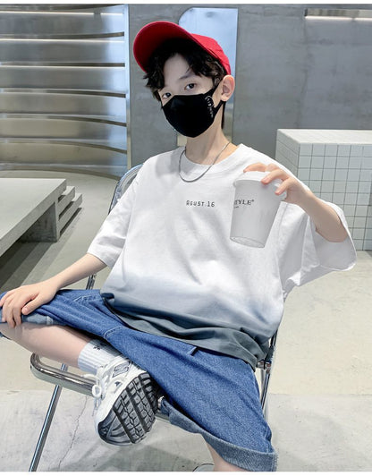 Kids Clothes T Shirt Summer Boys Girls Color Block Gradient Short Sleeve T Shirt Tops Children&