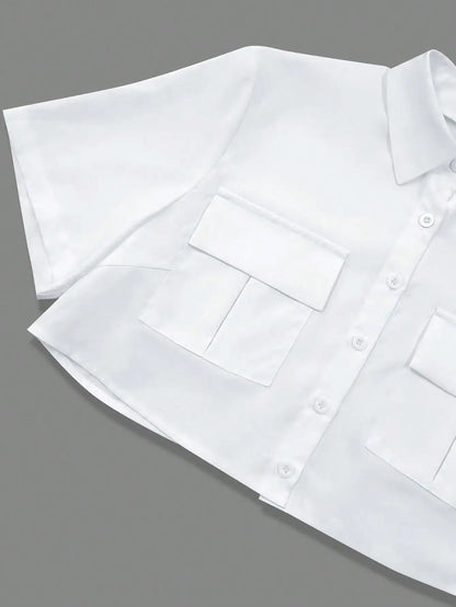Cropped Button Down Shirt for Women Short Sleeve Collared Blouse with Flap Pockets Casual Office Streetwear Summer Crop Top