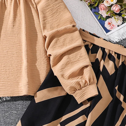 Kids Clothing Sets For Girls Khaki Off-shoulder Long sleeve Top &amp; Stripe Printing Pants Summer Resort Style Children Suits OOTD