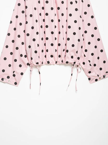 HH Women Elegant Fashion Polka Dot Pink Jacket Single Breasted High Collar Drawstring Coat Spring Lady Trend Street Outwear