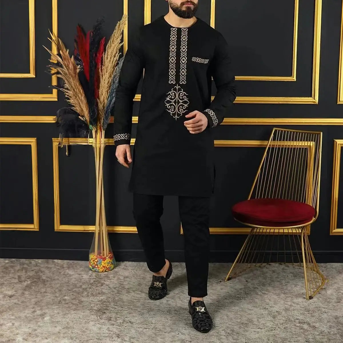 Kaftan Men Wedding Suits Groom Embroidered Pocket Top And Pants Kaunda Suit African casual Outfits Party Fashion Two-piece Set