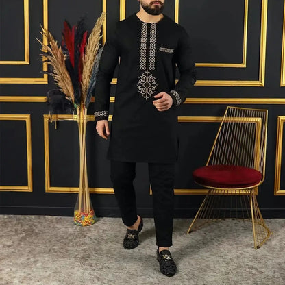 Kaftan Men Wedding Suits Groom Embroidered Pocket Top And Pants Kaunda Suit African casual Outfits Party Fashion Two-piece Set