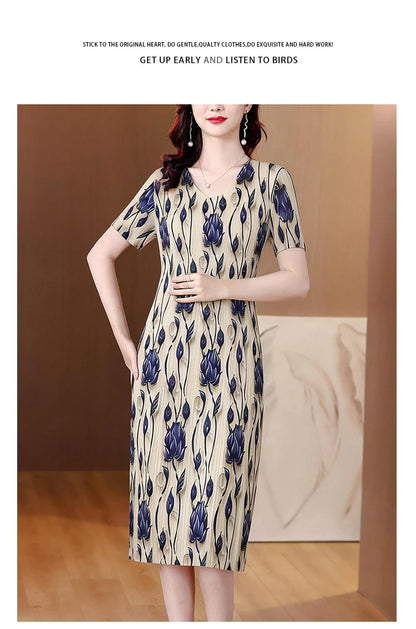 Elegant Pleated Maxi Dress for Women Summer Fashion High Waist A-Line Skirt Short Sleeve round Neck Iron-Free Business Wear