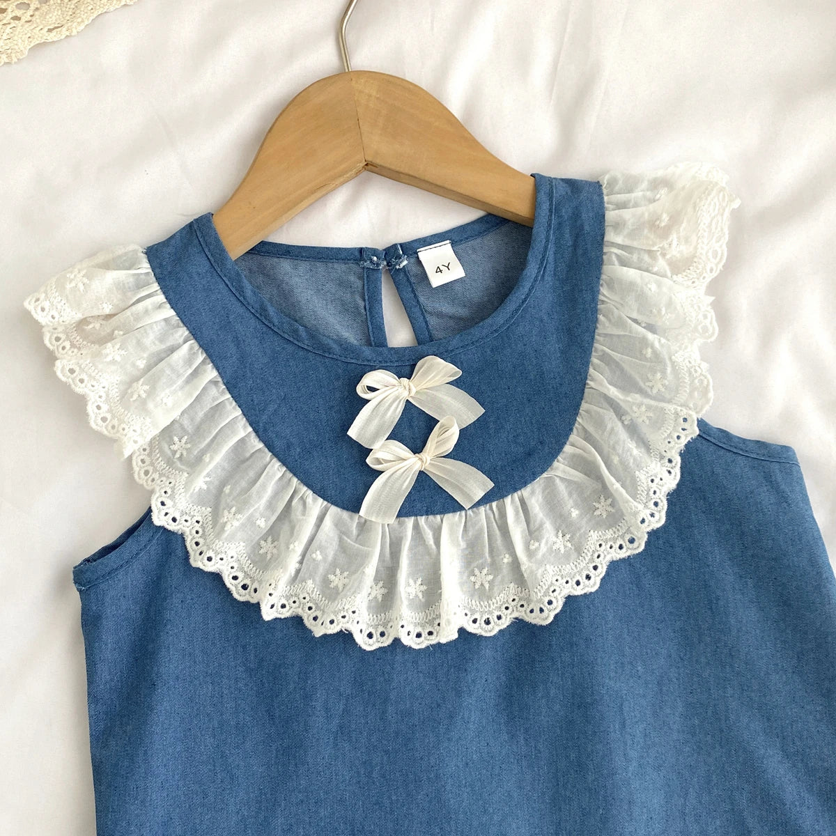 Kids Clothes Girls Summer Fashion  Cowboy Blue Lace Bow+Lace Wide Leg Pants Sets Children&