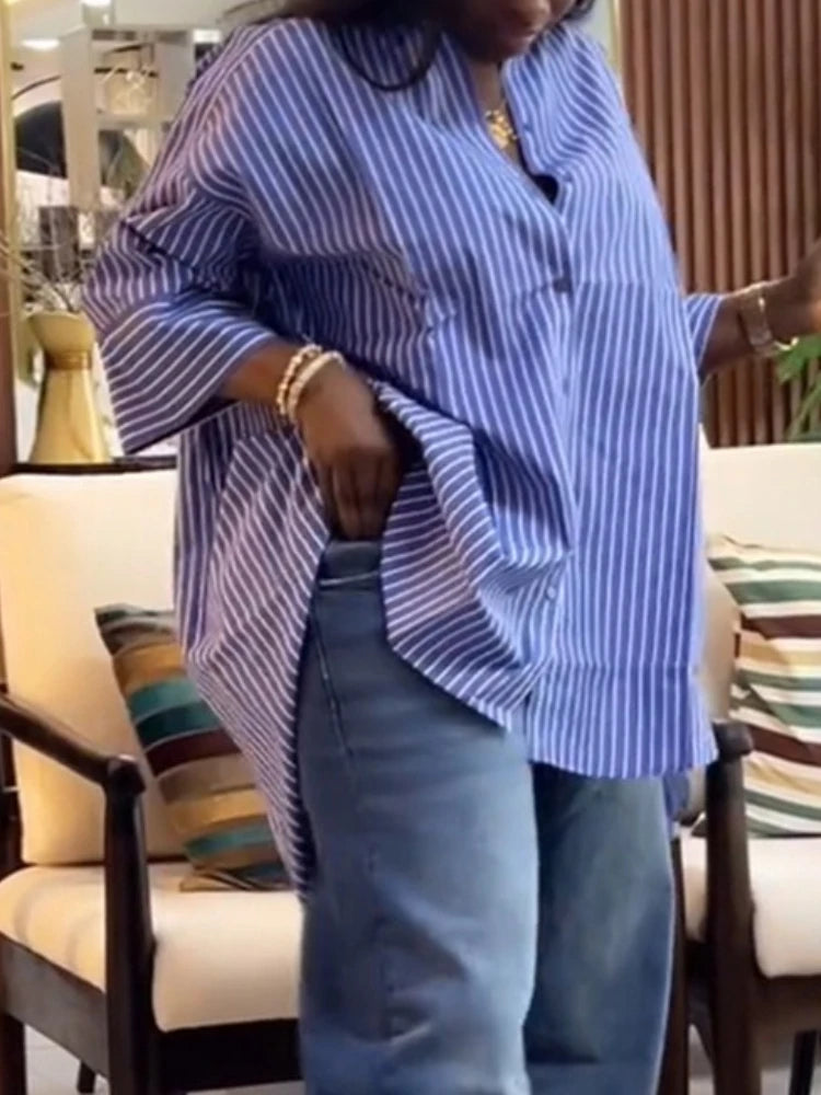 Striped Oversized Button Down Shirts for Women with Wide Three Quarter Sleeve and High Low Hem for Casual Office or Weekend Wear