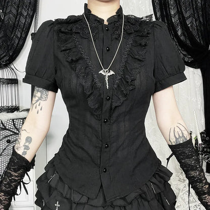 Sweet Lolita Cotton Shirts Women Vintage Gothic Black White Jacquard Short Sleeve Blouses Elegant Office Lady Y2k Tops