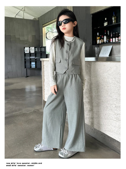 Design junior girls clothes set Round neck vest+cotton t-shirt+Wide leg pants 3pcs teenage kids clothing suit chidren outfits 14