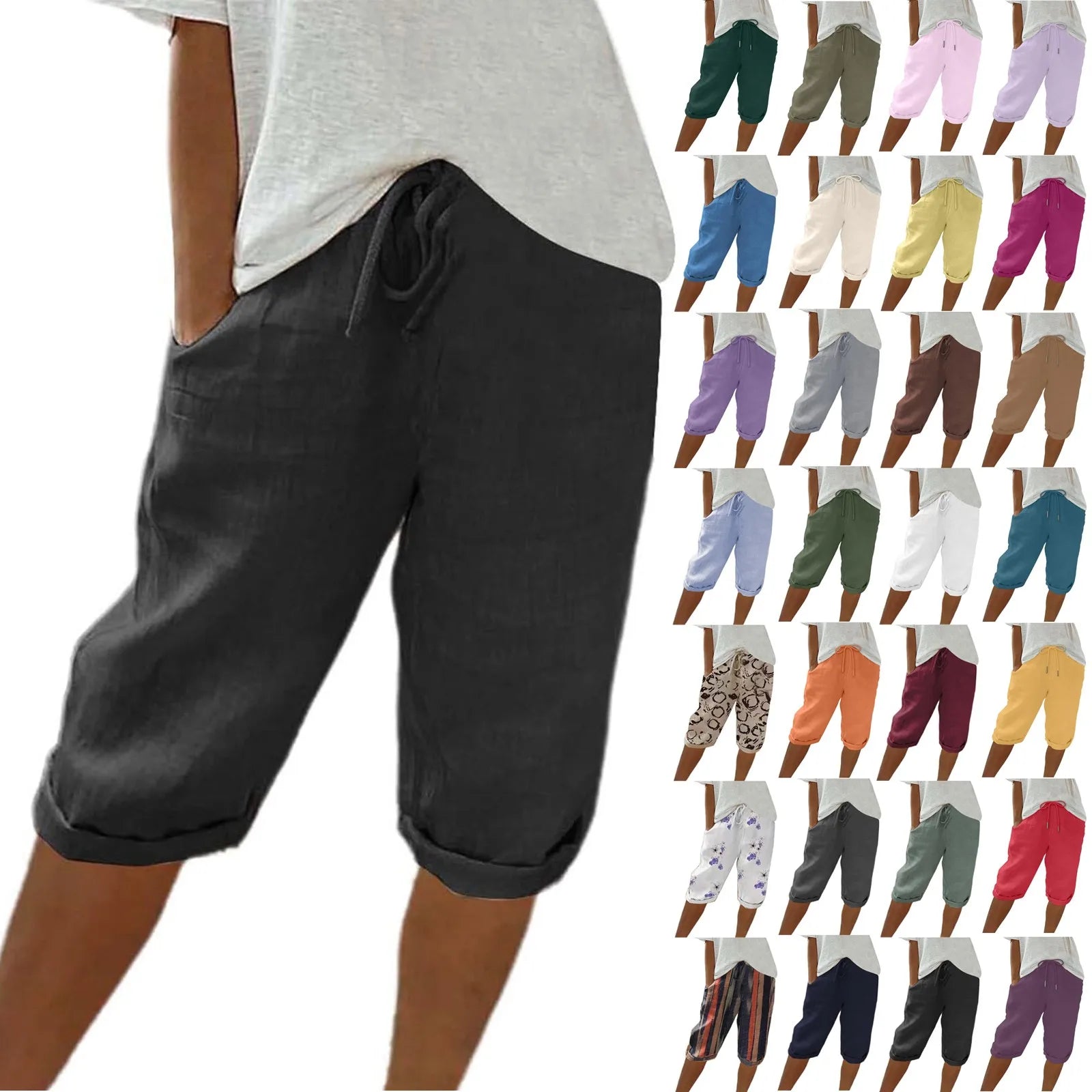 Casual Cotton Linen Pants For Female Streetwear Solid Color Wide Leg Capri Versatile Palazzo Pants Baggy Cargo Pants With Pocket