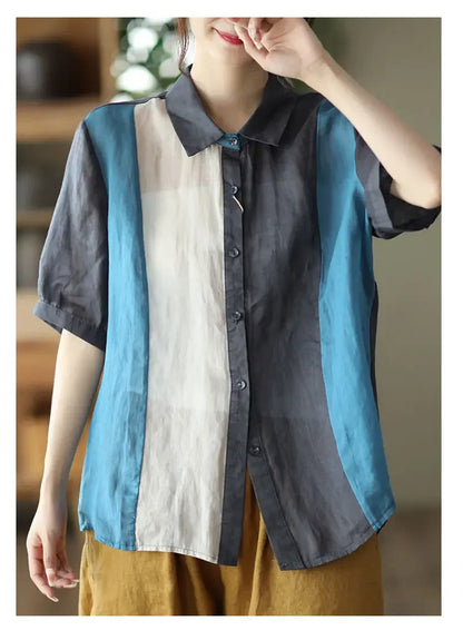 Cotton and Linen Shirt for Women Fashionable and Versatile Cardigan Lapel Top Thin Blouse Patchwork Casual Chic Female Clothes