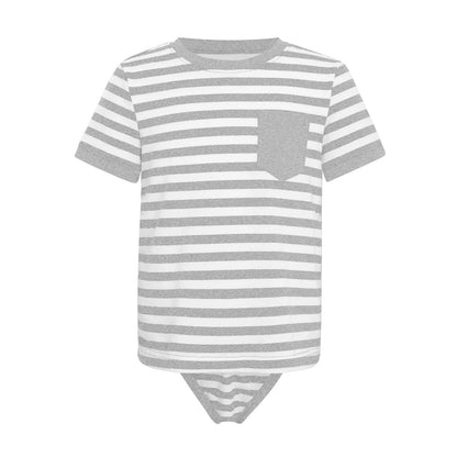 Kids Boys Girls Special Needs Adaptive Clothing Round Neck Short Sleeve Press Buttons Open Crotch Striped Leotard Bodysuit
