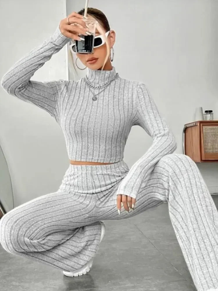 Women Fashion Solid Color Streetwear Autumn Winter Elegant Round Neck Tops Loose Pants Suit Casual Holiday Sport Two Piece Sets