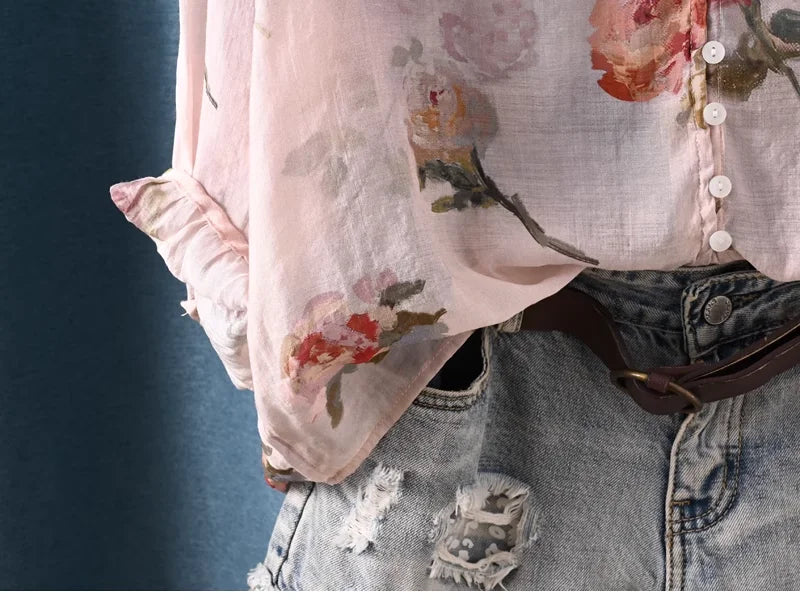 2026 Autumn clothes woman French fashion v neck rose floral print shirts and blouses for women vintage ladies tops