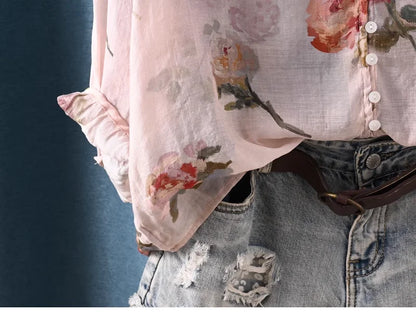 2026 Autumn clothes woman French fashion v neck rose floral print shirts and blouses for women vintage ladies tops