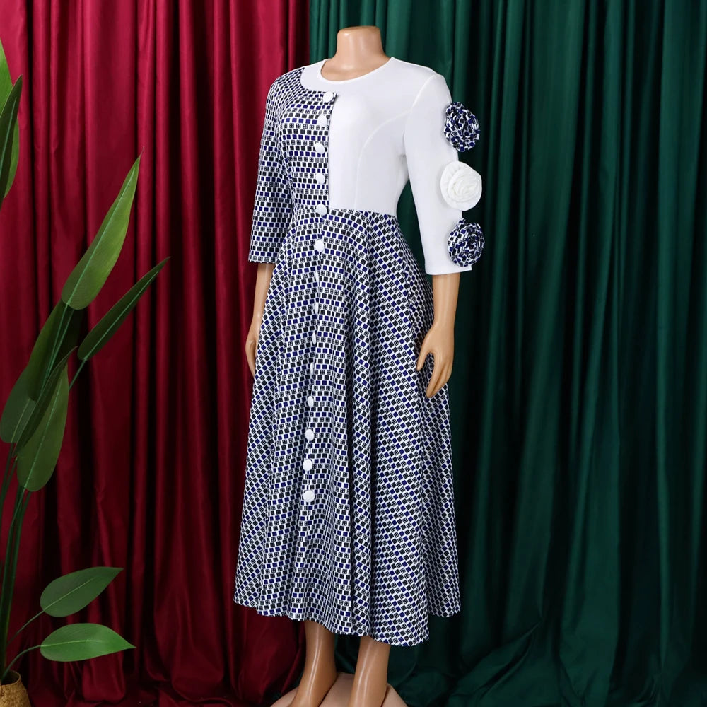 Elegant Dresses for Women 2026 Fall Fashion African 3/4 Sleeve Party Birthday New Robe Chic 3D Flower Plaid Evening A-Line Dress