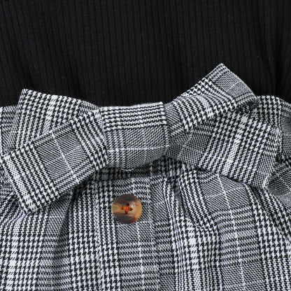 4-7Y Children Girls Clothing Outfit Solid Color Long Sleeve Ruffle Tops+Plaid Skirt With Belt+Bag Kids Girl Costume 3Pcs Set