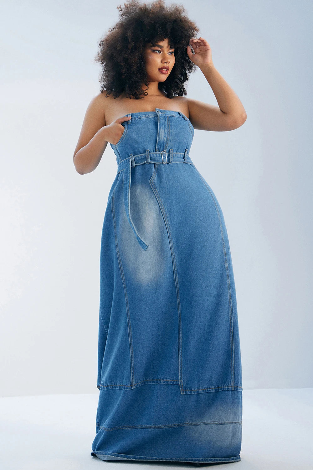 Plus Size Daily Maxi Dresses Blue Fall Winter Strapless Asymmetric Hem Denim Maxi Dresses Elegant Vintage Casual Summer Dress