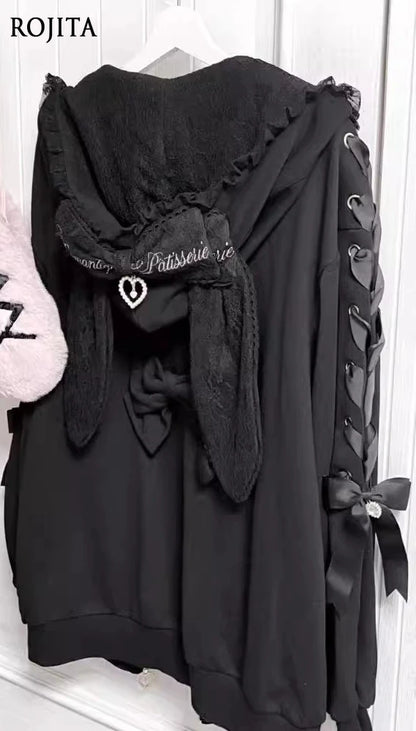 Hoodies Women 2025 Autumn New Sweet Bunny Ear Lace Hooded Sweatshirt for Women Cute Loose Tie Long Sleeve Jacket