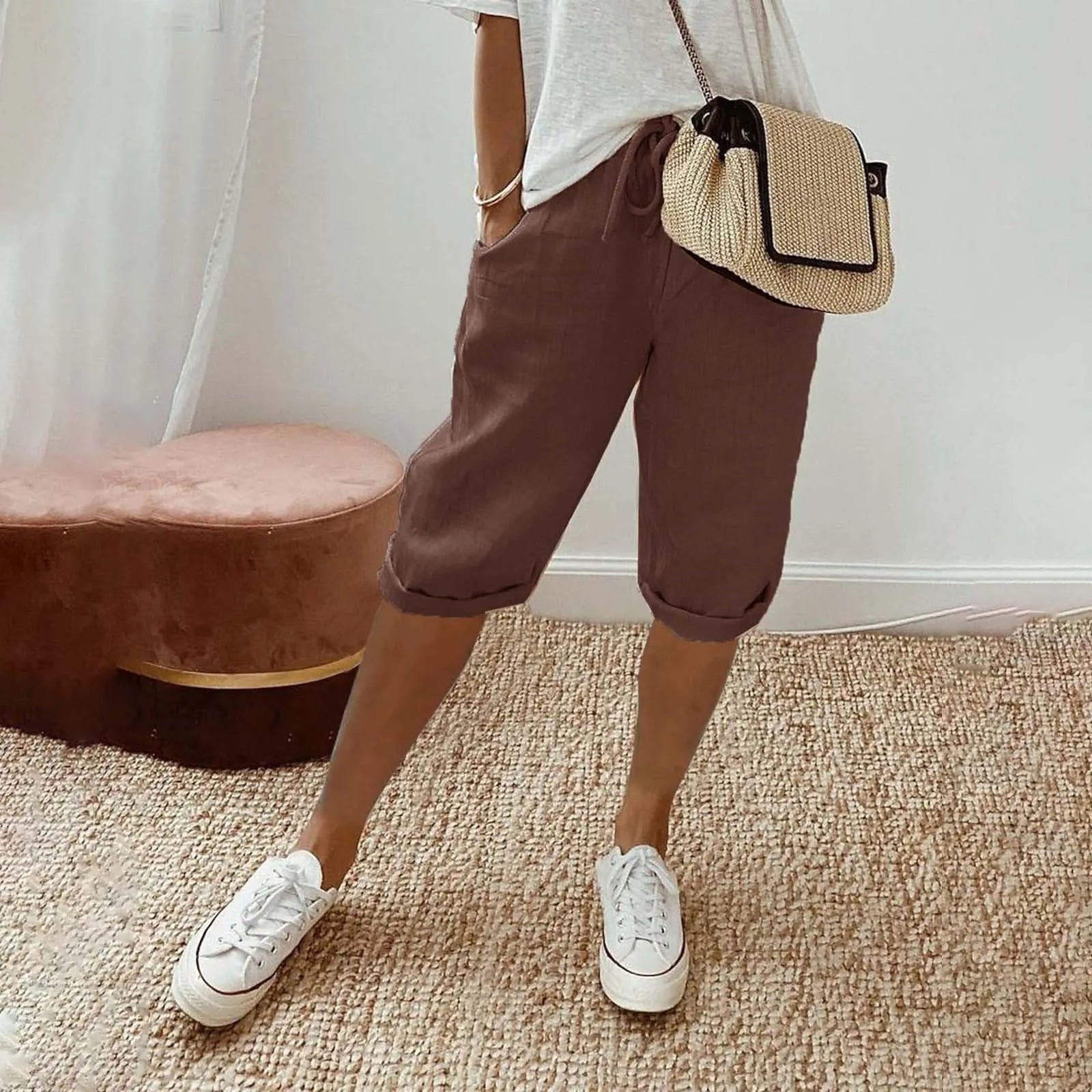 Casual Cotton Linen Pants For Female Streetwear Solid Color Wide Leg Capri Versatile Palazzo Pants Baggy Cargo Pants With Pocket