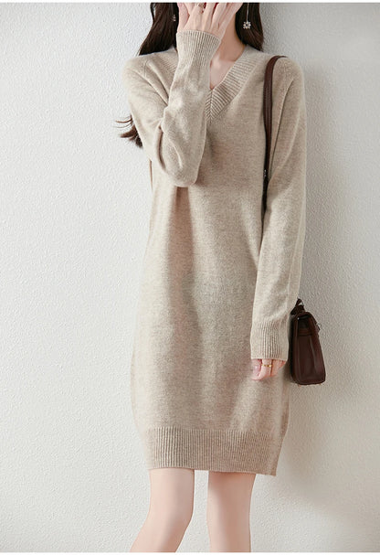 Fashion Autumn Winter Dress Women100%Merino Wool V-neck Long-sleeved Dress Women&