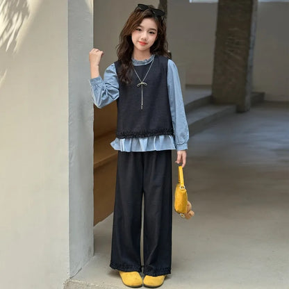 Back To School Clothing for Girls Outfits Set Toddler Kids Vest +Blue Shirt + Pants 3pcs Teens Kids Costumes Spring Autumn 2025