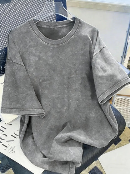 Solid Cotton Washed T-Shirts Men Summer Vintage Breathable Short Sleeve Street Sport Hip Hop Streetwear Fashion All-Match Tops