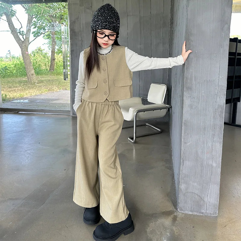 Design junior girls clothes set Round neck vest+cotton t-shirt+Wide leg pants 3pcs teenage kids clothing suit chidren outfits 14