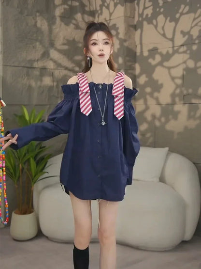 2025 Blusas De Mujer Autumn Blouse for Women Slashn Neck Patchwork Loose Shirts Fashion Single Breasted Oversized Blouses Tops