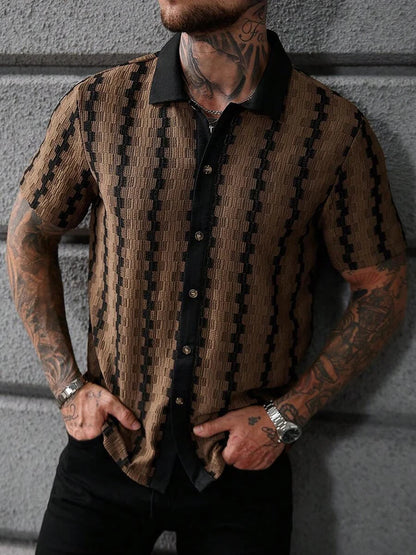 Classic Plaid Striped Knitting Shirt Short Sleeve Buttoned Turn-down Collar Mens Shirts Summer Vintage Slim Fit Knitted Cardigan